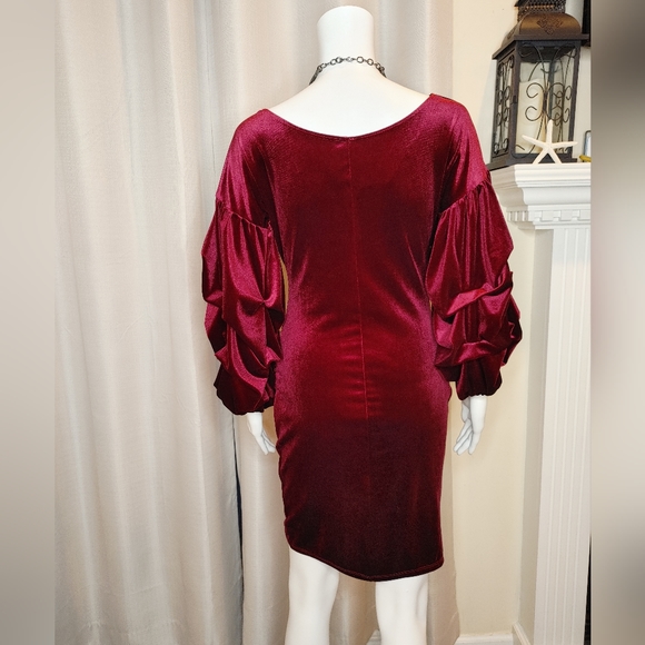 Velvet Ruched Draped Puff Exaggerated Sleeves Mini Dress, Burgundy L - Picture 7 of 10